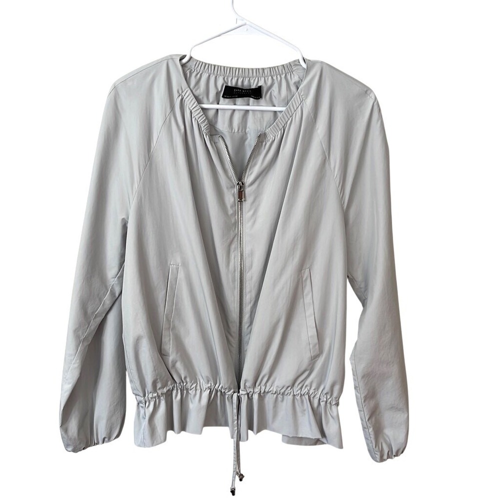 Zara Women's Fashion Jacket Bomber Zip Up Elastic Waist Pockets Medium Silver
